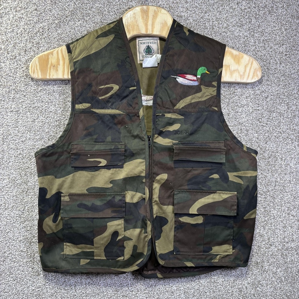 Vintage 90s Northwest Territory Vest Mens Large Green Camo Full Zip Hunting Duck